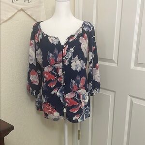 Navy Blue and Pink Relaxed Floral Blouse
